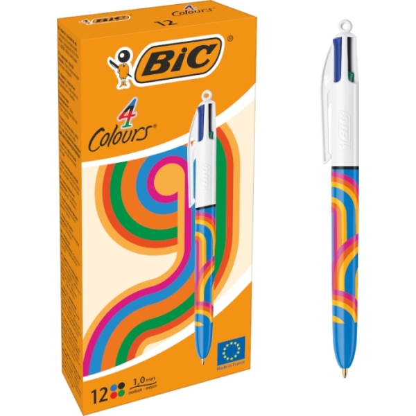 Bic 4 Colours Decors Lines Boligrafo de Bola Retractil - Punta Media de 1.0mm - Tinta con Base de Ac