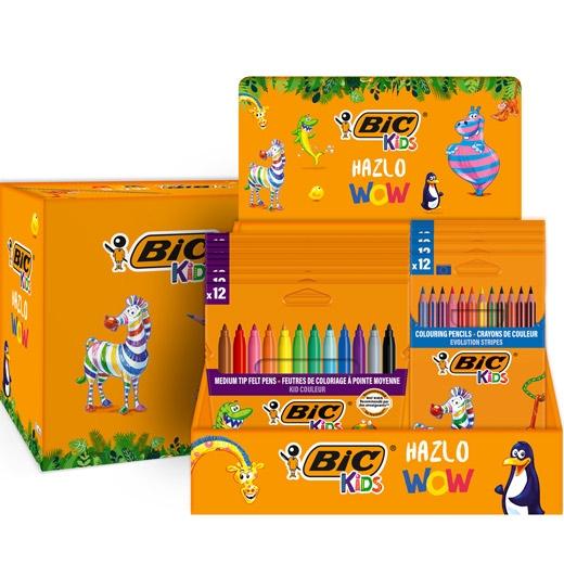 Bic Kids Expositor de 12 Packs de 12 Rotuladores Couleur + 12 Packs de 12 Lapices de Colores Evoluti