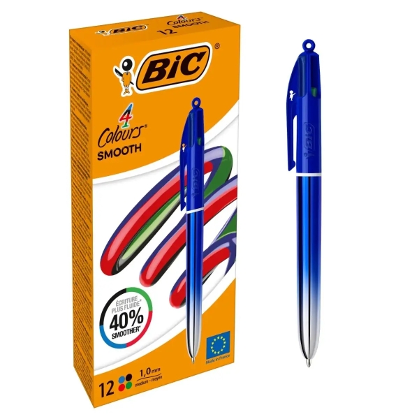 Bic 4 Colours Smooth Gradient Azul Boligrafo de Bola Retractil - Punta Media de 1.0mm - Escritura un