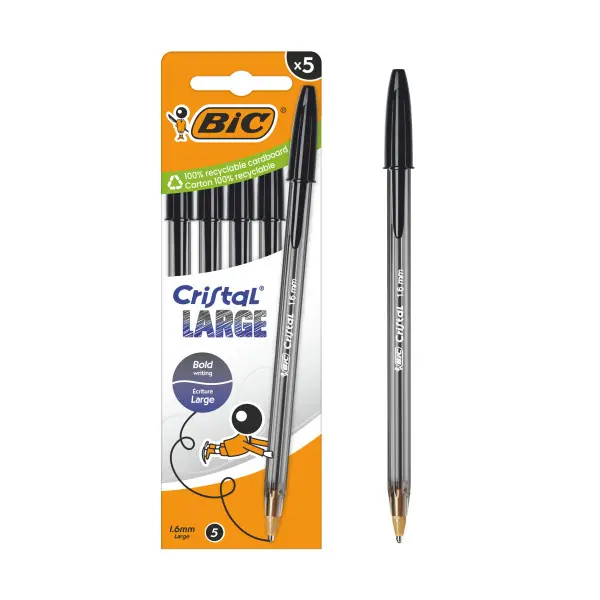 Bic Cristal Large Pack de 5 Boligrafos de Bola - Punta Redonda de 1.6mm - Trazo 0.6mm - Tinta con Ba