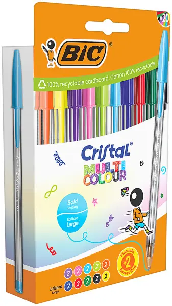 Bic Cristal Multicolour Pack de 20 Boligrafos de Bola - Punta 1.6mm - Trazo 0.42mm - Tinta con Base 