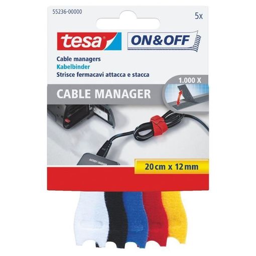 Tesa On & Off Cables Manager Pack de Tiras de Velcro 20cm x 12mm - Para Organizar Cables - Colores S