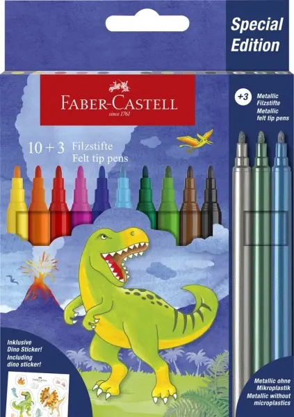 Faber-Castell Edicion Dinosaurios Pack de 13 Rotuladores de Colores - 10 Colores Clasicos + 3 Colore