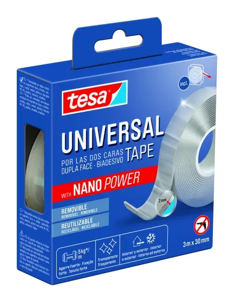 Tesa Cinta Universal de Doble Cara con Nano Power 30mm x 3 Metros - Soporta Cargas Pesadas - Puede R