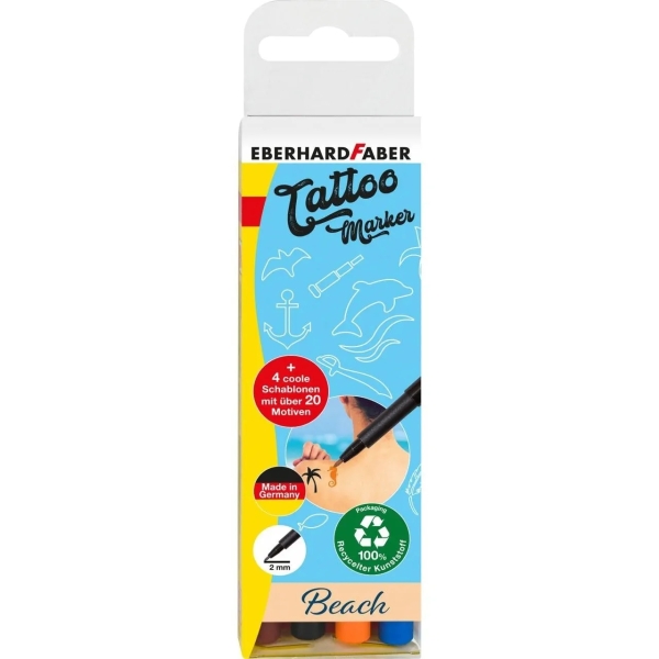 Eberhard Faber Tattoo Marker Beach Pack de 4 Rotuladores para Tatuajes Temporales + 4 Plantillas con