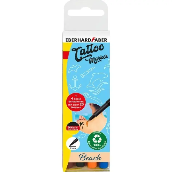 Eberhard Faber Tattoo Marker Beach Pack de 4 Rotuladores para Tatuajes Temporales + 4 Plantillas con