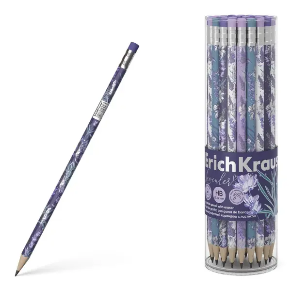 Erichkrause Lavanda Lapiz de Grafito Triangular HB - Goma de Borrar - 4 Dise�os Surtidos