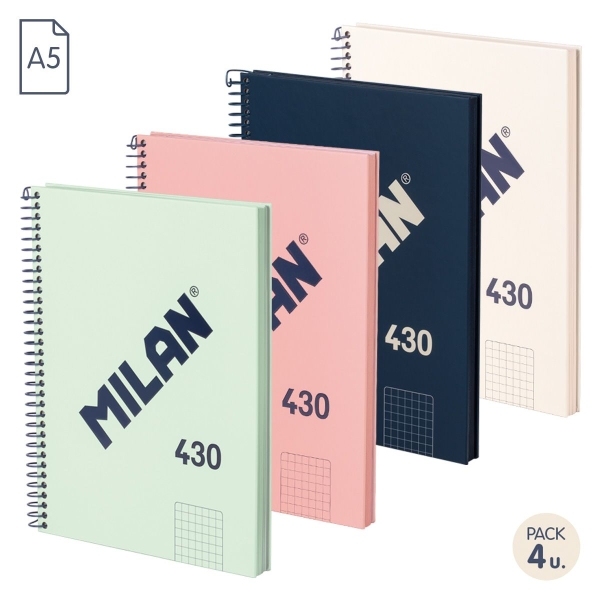 Milan Serie 1918 Pack de 4 Cuadernos Espiral Formato A5 Cuadricula 5x5mm - 80 Hojas de 95 gr/m2 - Mi