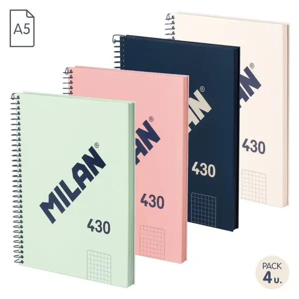 Milan Serie 1918 Pack de 4 Cuadernos Espiral Formato A5 Cuadricula 5x5mm - 80 Hojas de 95 gr/m2 - Mi