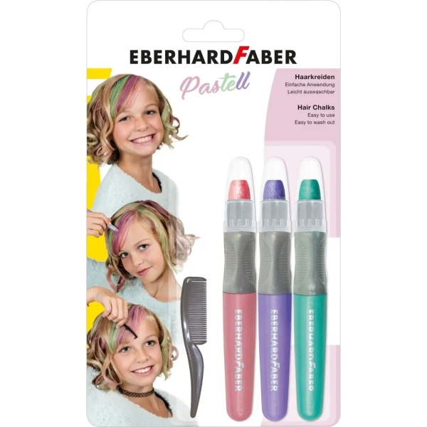 Eberhard Faber Pack de 3 Tizas Pastel para el Cabello + 1 Mini Peine - Aplicar sobre el Cabello Seco