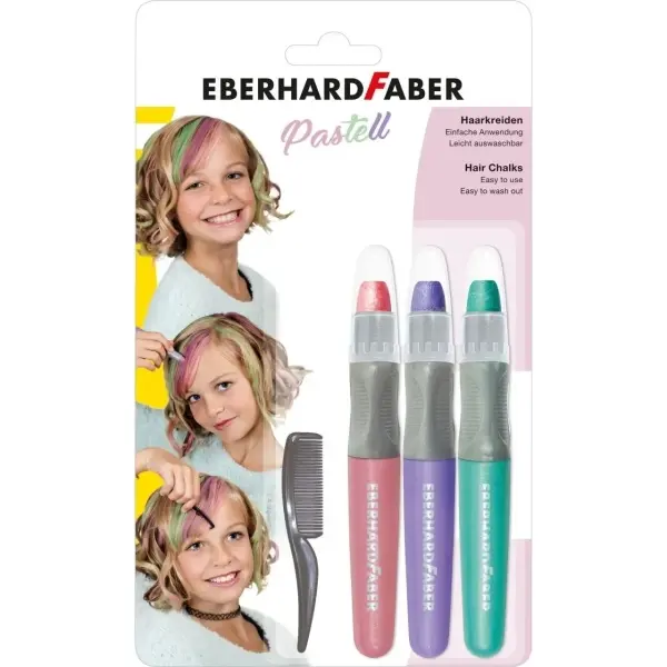 Eberhard Faber Pack de 3 Tizas Pastel para el Cabello + 1 Mini Peine - Aplicar sobre el Cabello Seco