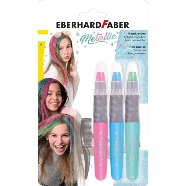 Eberhard Faber Pack de 3 Tizas Metallic para el Cabello + 1 Mini Peine - Aplicar sobre el Cabello Se