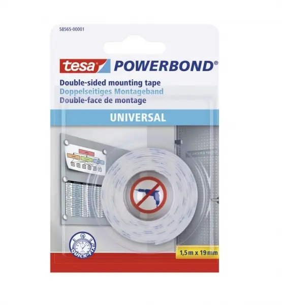 Tesa Powerbond Cinta Adhesiva Doble Cara 19mm x 1.5 Metros - Para Fijacion Segura y Rapida de Objeto