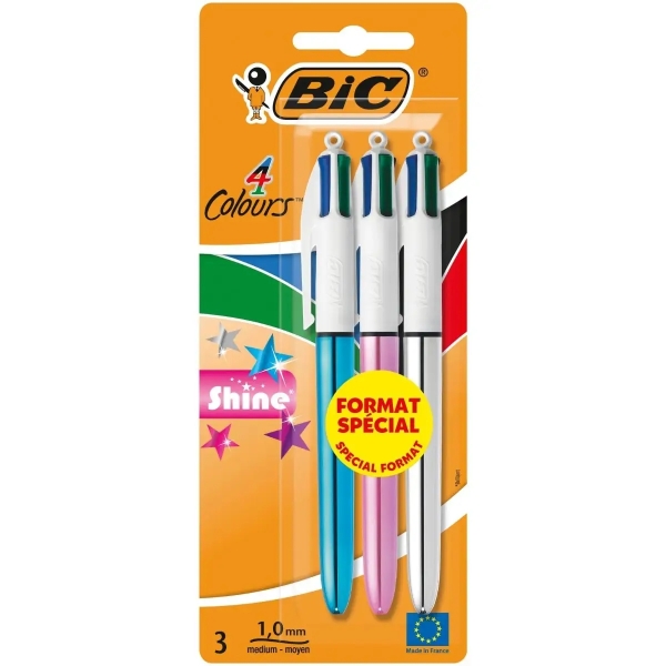 Bic 4 Colours Shine Pack de 3 Boligrafos de Bola Retractil - Punta de 1mm - Trazo de 0.4mm - Tinta c