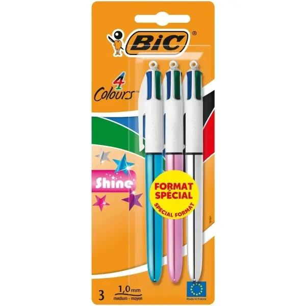 Bic 4 Colours Shine Pack de 3 Boligrafos de Bola Retractil - Punta de 1mm - Trazo de 0.4mm - Tinta c