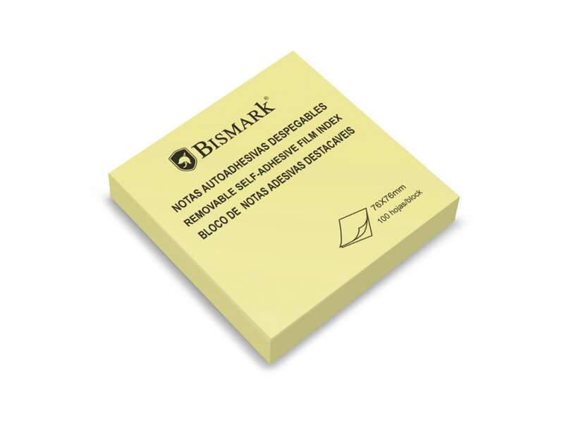 Bismark Taco de 100 Notas Adhesivas 76x76mm - Adhesion Fuerte - Facil de Usar - Color Amarillo