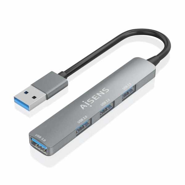 Aisens Hub USB Ultra Delgado de Aluminio - 1xUSB3.0 + 3xUSB2.0 - Alta Velocidad 5 Gbps - Alimentacio