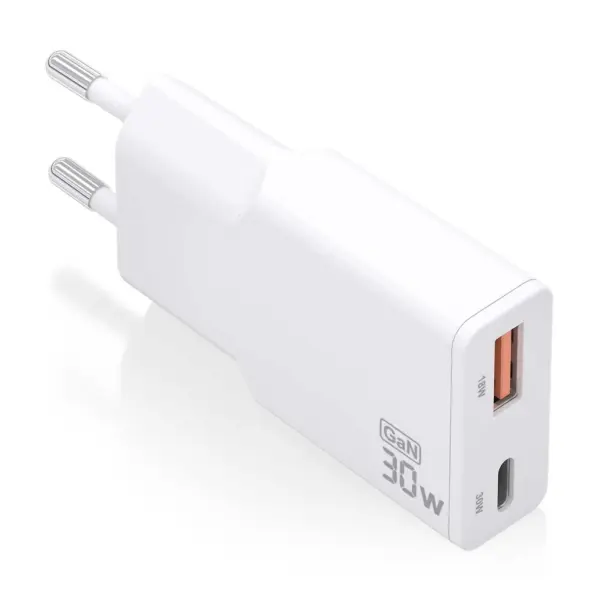 Aisens Cargador GaN Ultra Delgado 30W - 1xUSB-C PD3.0 QC4.0 - 1xUSB-A QC3.0 - Color Blanco