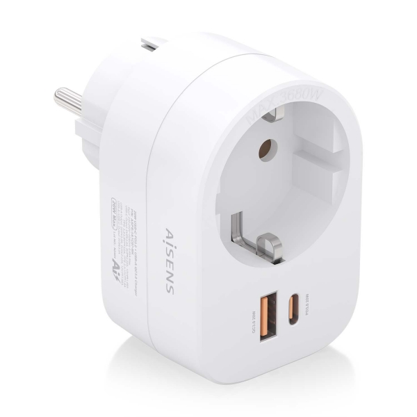 Aisens Regleta de Pared Multifuncion con 1 Toma + 1xUSB-C 20W PD3.0 - 1xUSB-A 20W QC3.0 - Color Blan