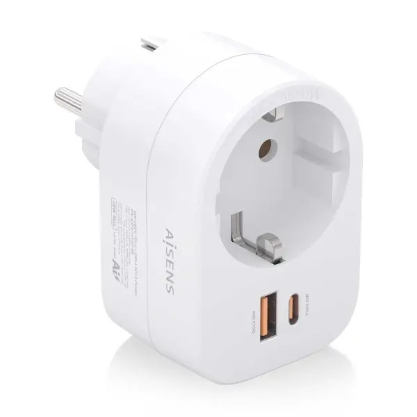 Aisens Regleta de Pared Multifuncion con 1 Toma + 1xUSB-C 20W PD3.0 - 1xUSB-A 20W QC3.0 - Color Blan
