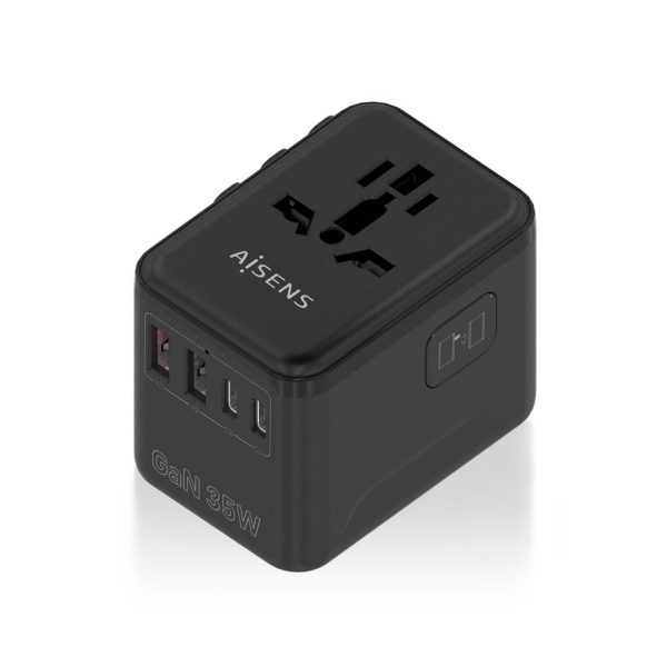 Aisens Adaptador de Viaje Universal GaN 35W - 2xUSB-A QC3.0, 2xUSB-C PD3.0 - Color Negro