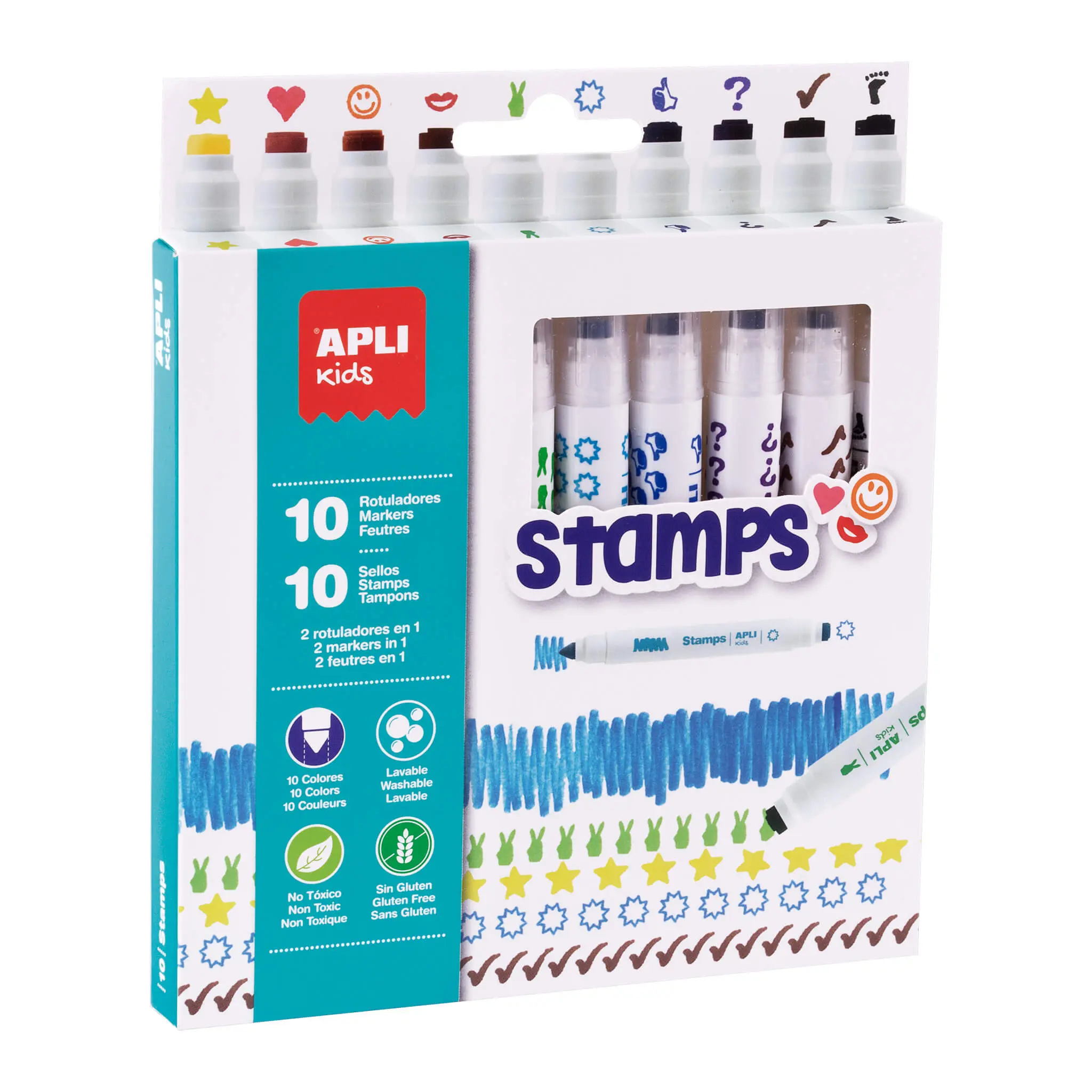 Apli Rotuladores Stamps - � 14.4x137 mm - Doble Punta con Sello y Color - 10 Colores/Sellos Diferent