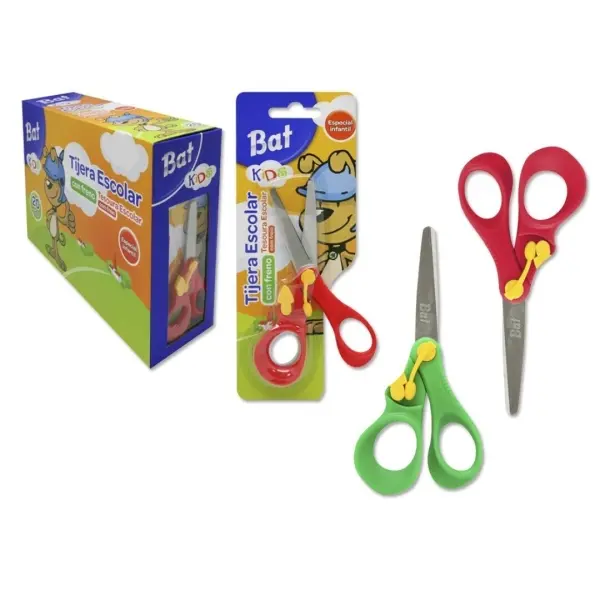 Bismark Bat Tijera Escolar 13cm con Freno Quality - Mangos en Plastico - Punta Roma - 2 Colores Surt