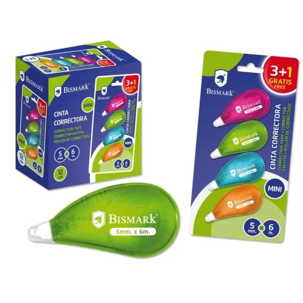 Bismark Neon Pack de 4 Mini Cintas Correctoras 5mmx6m - Perfecta Adherencia al Papel - Presentacion 
