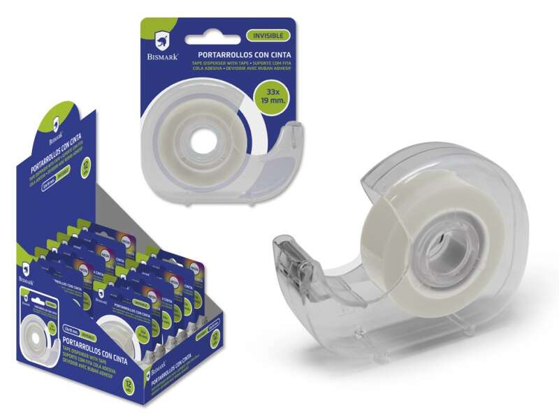Bismark Cinta Adhesiva Invisible 19mmx33m con Portarrollos - Cuerpo de Plastico - Ideal para Uso Esc
