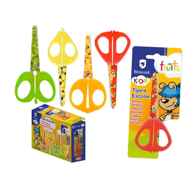 Bismark Kids Fruits Tijera Escolar 13cm - Hojas y Mangos Decorados con Frutas - Mangos en Plastico -