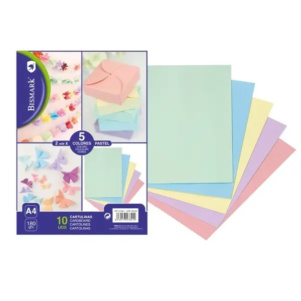 Bismark Pack de 10 Cartulinas 180 g/m� - Tama�o A4 - Colores Pastel Surtidos