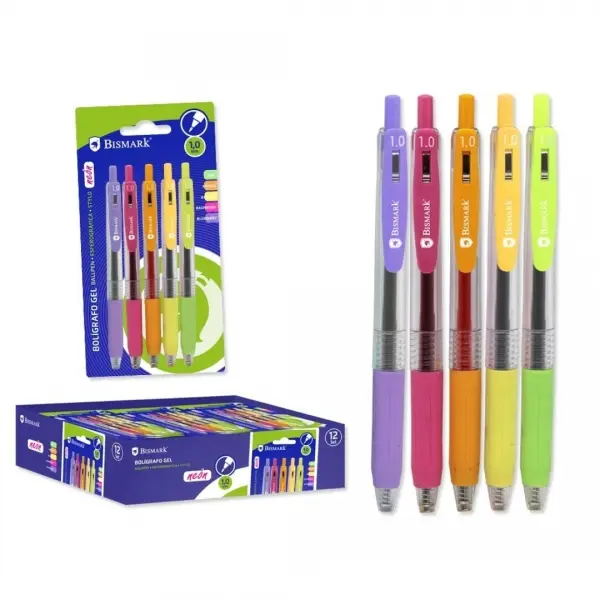 Bismark Pack de 5 Boligrafos Retractiles Tinta Gel - Punta 1.0mm - Escritura Suave - Colores Neon Su