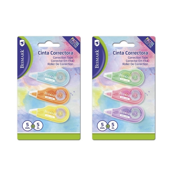 Bismark Mini Pastel Pack de 3 Cintas Correctoras 5mmx5m - Perfecta Adherencia al Papel - Presentacio
