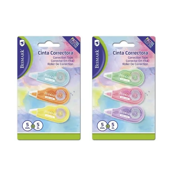 Bismark Mini Pastel Pack de 3 Cintas Correctoras 5mmx5m - Perfecta Adherencia al Papel - Presentacio