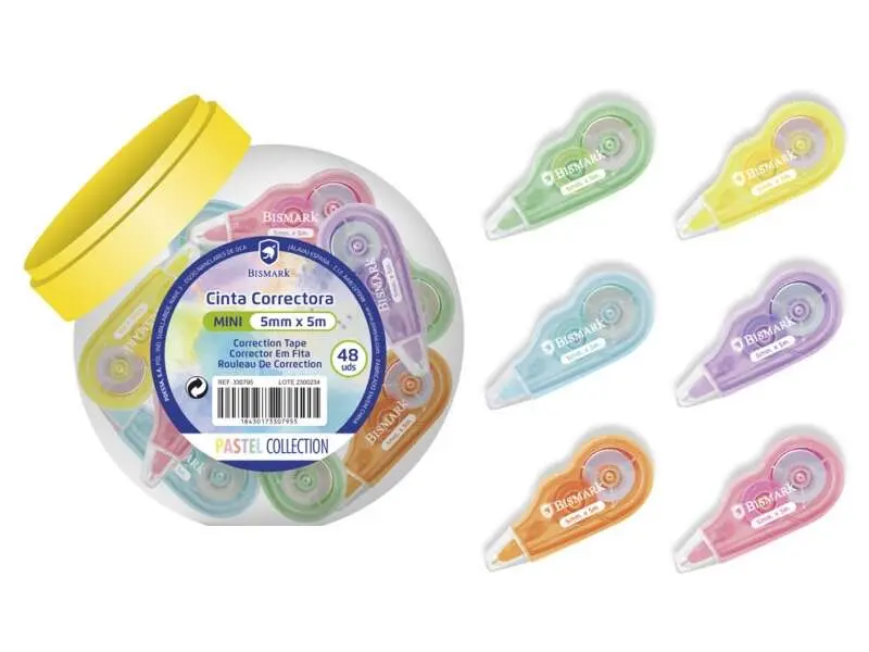Bismark Mini Cinta Correctora Pastel 5mm x 5m - Correccion Instantanea - No Deja Huella en Fotocopia