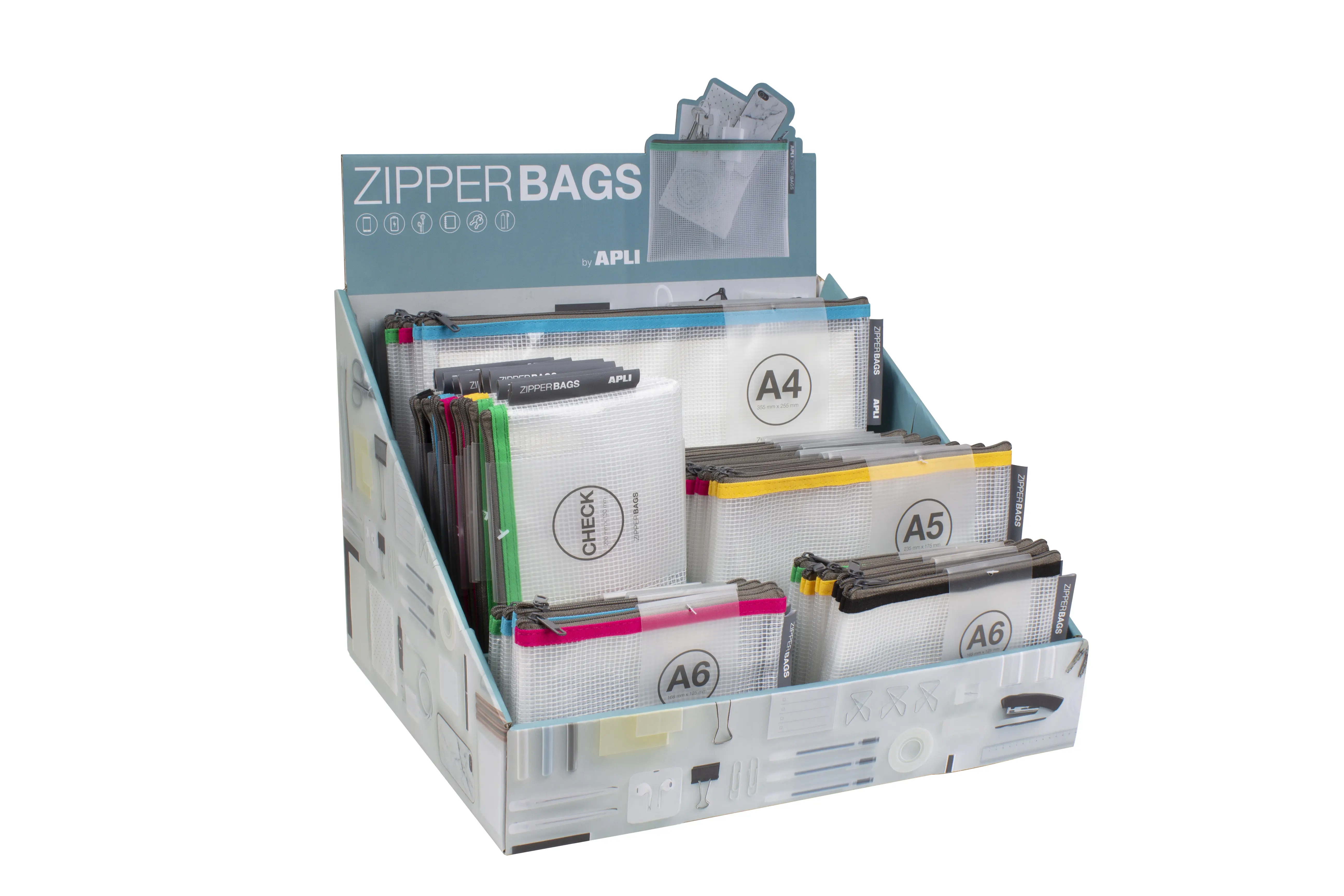 Apli Expositor de Zipper Bags - 80 Unidades en 4 Medidas Surtidas - 5 Colores Resistentes - Goma Eva