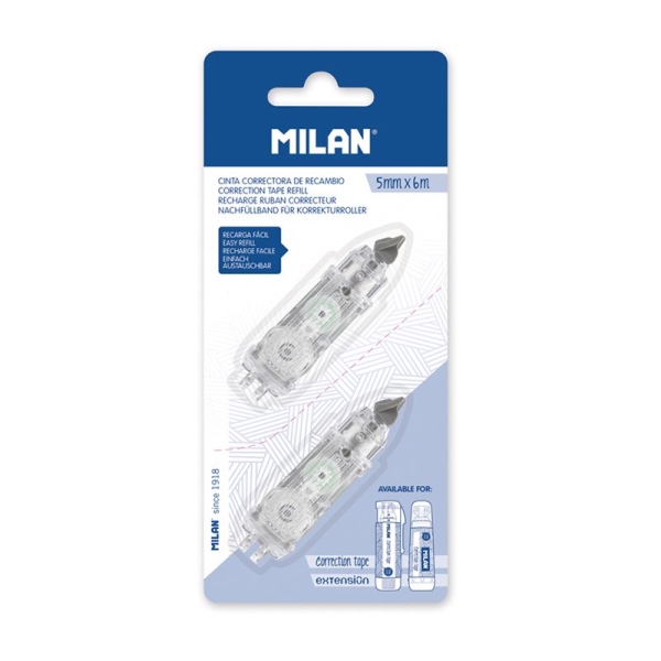 Milan Pack de 2 Recambios para Cinta Correctora 5mm x 6m - Compatible con Correctores Cilindrico y E
