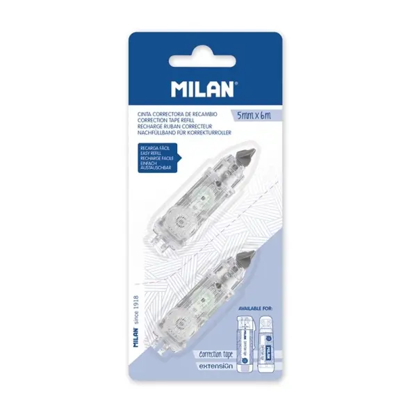 Milan Pack de 2 Recambios para Cinta Correctora 5mm x 6m - Compatible con Correctores Cilindrico y E