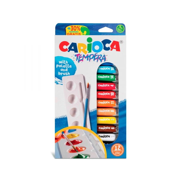 Carioca Pack de 12 Tubitos de Tempera 10ml + Pincel y Paleta - Alto Poder Cubriente - Aplicable en M
