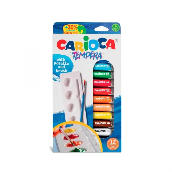 Carioca Pack de 12 Tubitos de Tempera 10ml + Pincel y Paleta - Alto Poder Cubriente - Aplicable en M