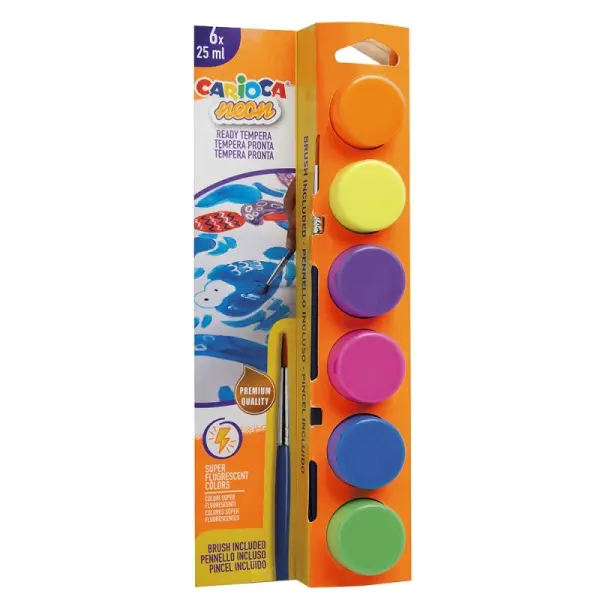 Carioca Neon Pack de 6 Temperas en Botes de 25ml + Pincel - Superlavables - Mezclables - Colores Neo