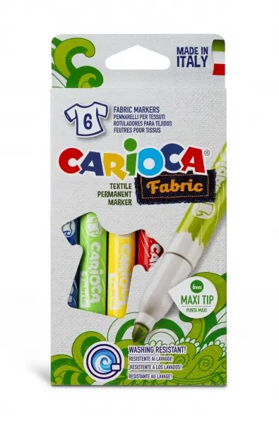 Carioca Fabric Pack de 6 Rotuladores para Tejidos - Punta Maxi � 6mm - Tinta Especial para Tejidos -