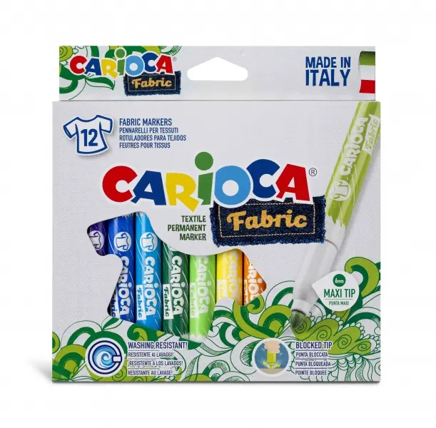 Carioca Fabric Pack de 12 Rotuladores para Tejidos - Punta Maxi � 6mm - Tinta Especial para Tejidos 
