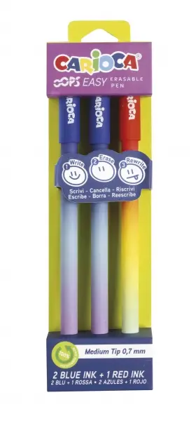 Carioca Oops Easy Pack de 3 Boligrafos Borrables con Punta de � 0.7mm - Tinta Termo Sensible - Cuerp