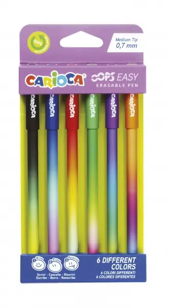 Carioca Oops Easy Pack de 6 Boligrafos Borrables con Punta de � 0.7mm - Tinta Termo Sensible - Cuerp