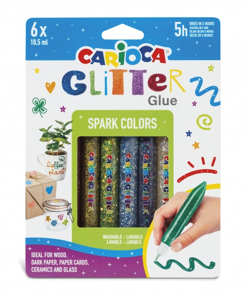 Carioca Glitter Glue Base Blister de 6 Tubitos de Cola de Color - Efecto Glitter - Aplicacion Direct
