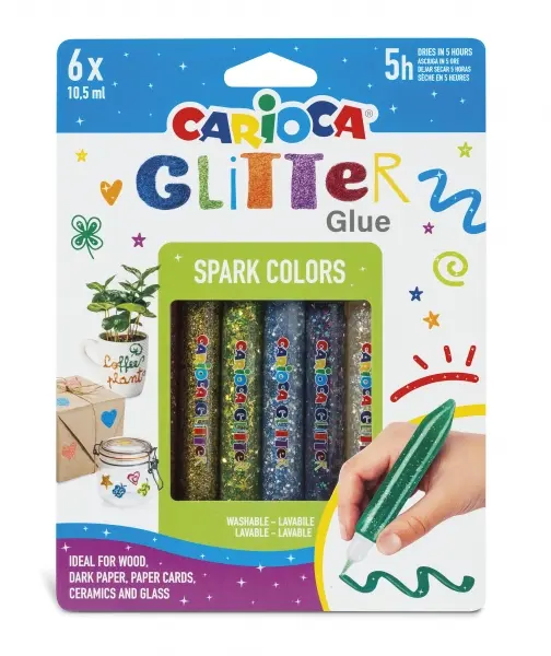 Carioca Glitter Glue Base Blister de 6 Tubitos de Cola de Color - Efecto Glitter - Aplicacion Direct