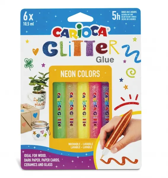 Carioca Glitter Glue Fluo Blister de 6 Tubitos de Cola de Color - para Decorar con Efecto Glitter - 