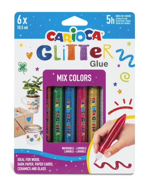 Carioca Glitter Glue Multiglitter Blister de 6 Tubitos de Cola de Color - para Decorar con Efecto Gl