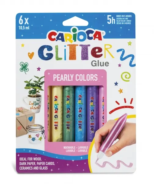 Carioca Glitter Glue Pearly Blister de 6 Tubitos de Cola de Color - Efecto Glitter - Aplicacion Dire